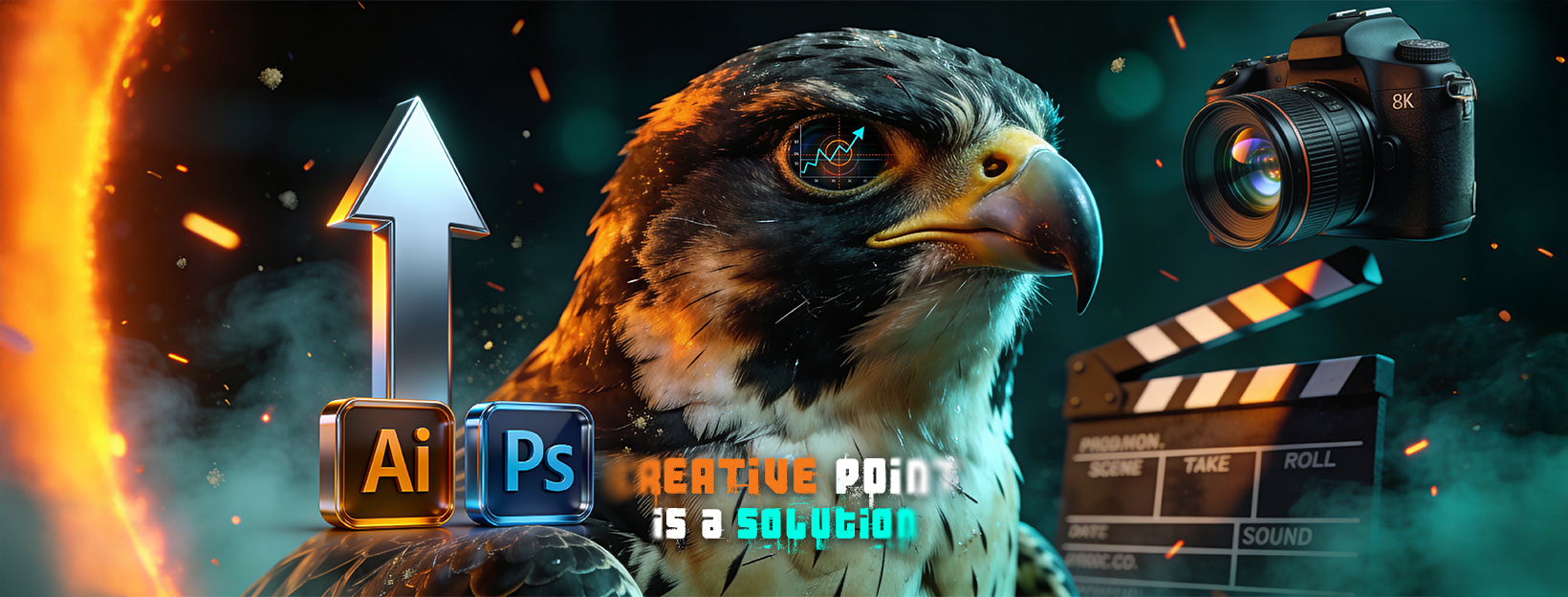 Creative Point brand artwork with a falcon, camera and production elements